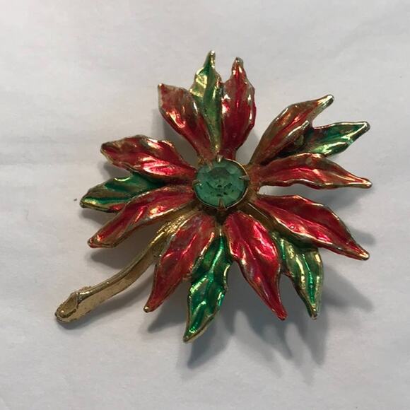 Vintage Christmas Brooch red poinsettia pin - Picture 1 of 5